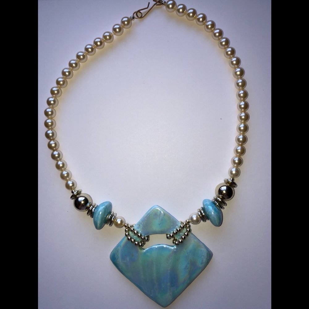 Ceramic Iridescent Tile Beads & Pearl Necklace